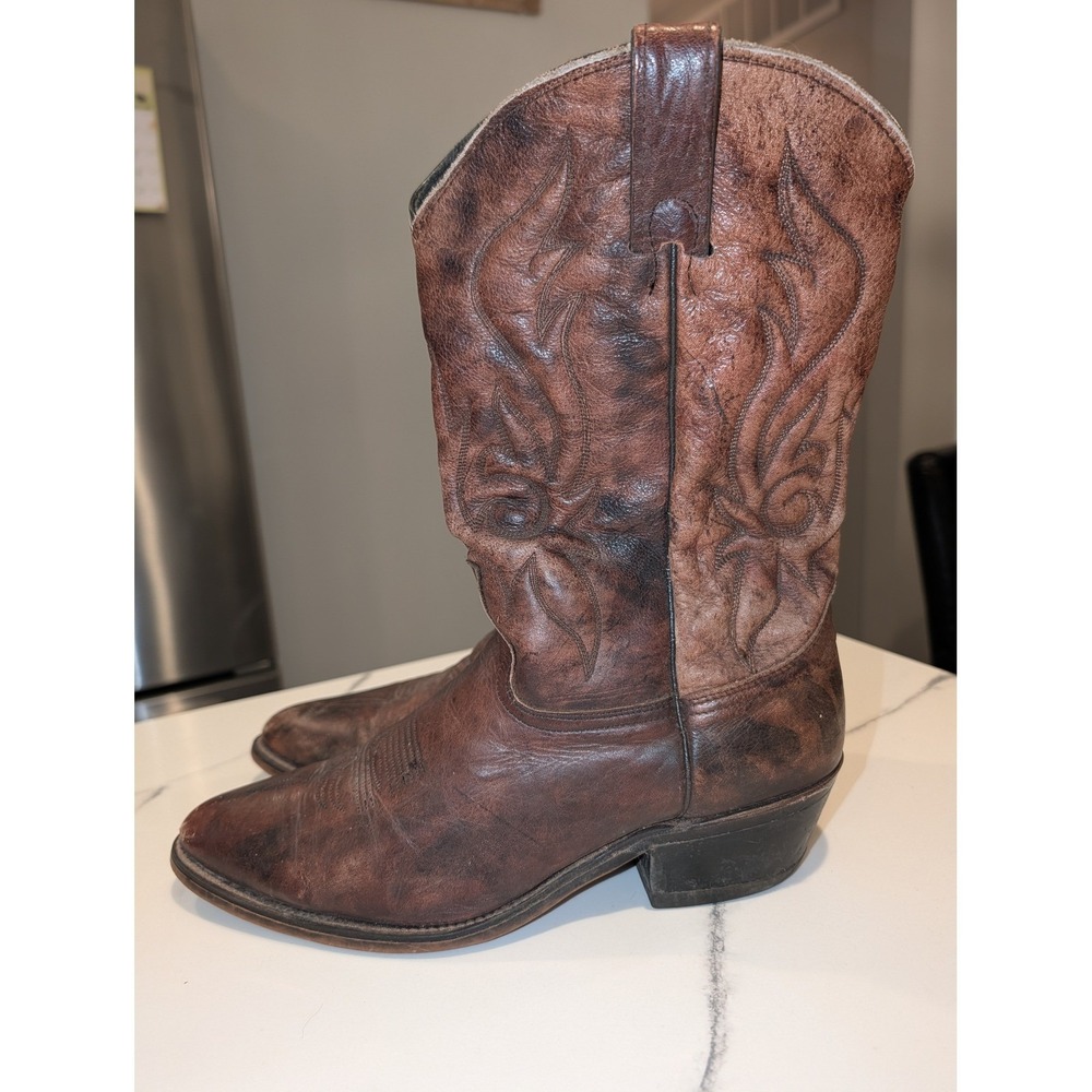 Vintage Acme Men Brown Leather Cowboy Boots Western Distressed Stitched Mens 11